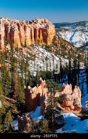 Neige d'avril ; vue depuis Swamp Canyon Overlook ; parc national de Bryce Canyon ; Utah ; États-Unis Banque D'Images