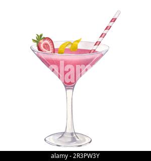 Verre à cocktail rose juteux frais ou Cosmopolitan alcoolique. Fraise, citron, glace, paille. Illustration aquarelle dessinée à la main isolée sur fond blanc Banque D'Images