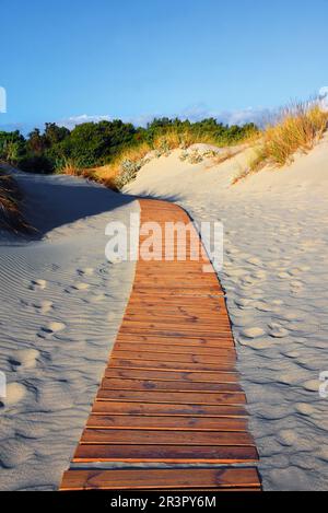 Chemin en bois sur la plage d'Elafonisos, Grèce, Péloponnèse, Laconia, Elafonisos Banque D'Images
