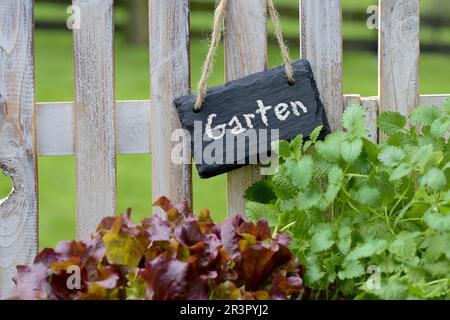 Clôture de jardin avec lettrage de tableau noir Garten, jardin Banque D'Images