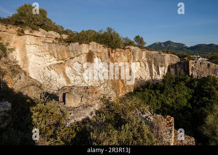 Ancienne carrière de grès, sa Mola, Felanitx, Majorque, Iles Baléares, Espagne. Banque D'Images