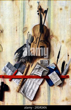 Trompe l'oeil avec violon, partitions et enregistreur de Cornelis Norbertus Gysbrechts Banque D'Images