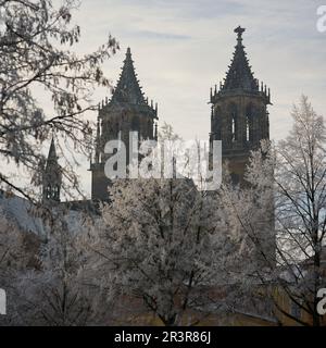 Vue sur la cathédrale de Magdeburg, le point de repère de la ville sur l'Elbe Banque D'Images