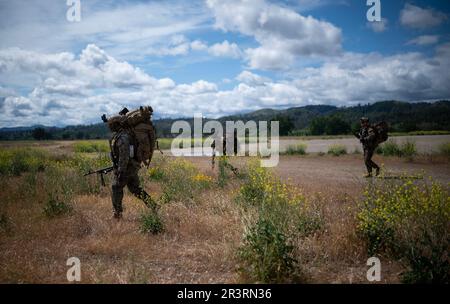 ÉTATS-UNIS Marines affecté à 2nd bataillon, 7th Marines, 1st division Marine, mars à leurs positions de ralliement à Schoonover Air Field aux États-Unis Armée fort Hunter-Liggett, Californie, 5 mai 2023. L'exercice Storm Crow est un exercice de préparation à l'exception d'un exercice à plus grande échelle, Golden Phoenix, organisé par la base aérienne de Travis avec le soutien complet du spectre des unités partenaires pour inclure l'aile d'intervention en cas de crise 621st, la base conjointe McGuire dix Lakehurst, New Jersey, la base aérienne de réserve de mobilité aérienne de 349th Travis AFB, La Californie et la première force expéditionnaire maritime, Camp Pendleton, Californie. Le but o Banque D'Images