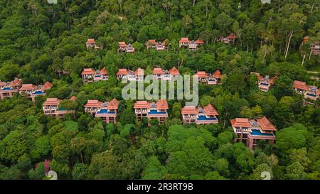 Couple hommes et femme en vacances de luxe dans une villa de piscine dans la forêt tropicale de la jungle Banque D'Images