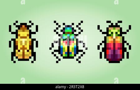 coléoptères de pixels 8 bits. Insectes animaux pour les ressources de jeu et les motifs de point de croix dans les illustrations vectorielles. Illustration de Vecteur