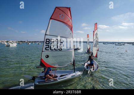 Estany des Peix, Ecole de voile, Formentera, Iles Pitiuses, Communauté des Baléares, Espagne. Banque D'Images