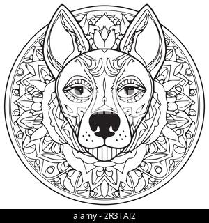 Un chien avec un motif floral sur sa page de livre de coloriage d'art de ligne de visage. Illustration de Vecteur