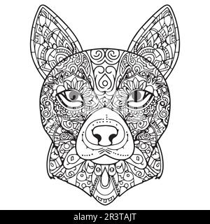 Une page de livre de coloriage de mandala de tête de chien pour les adultes. Illustration de Vecteur