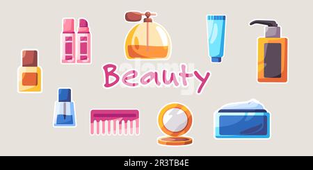 Salon de beauté cosmétiques femme objet de crème rouge à lèvres à cheveux peigne dessin animé ensemble autocollant Doodle collection bundle Illustration de Vecteur