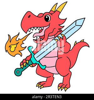 Le dragon rouge a donné des flammes portant une arme d'épée, doodle icône image kawaii Banque D'Images