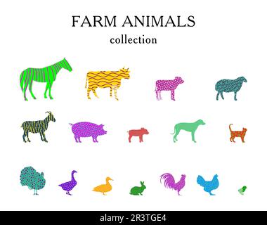 Animaux de ferme modernes et colorés. Ensemble d'animaux de ferme isolés sur fond blanc. illustration vectorielle. Pour les imprimés, les couvertures ou les cartes, la décoration artistique Illustration de Vecteur