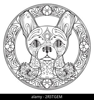 Un chien avec une page de coloriage de motif de fleur pour adultes. Illustration de Vecteur