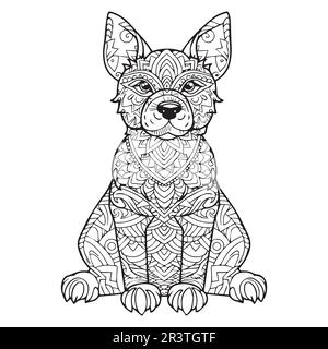 Un joli mandala assis ligne de chien art coloriage page design. Illustration de Vecteur