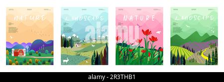Nature et paysage. Illustration vectorielle des montagnes, des arbres, des plantes, des champs et des fermes. Travail modifiable pour les conceptions de couverture ou de carte. Illustration de Vecteur