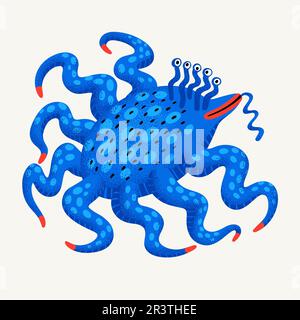 Mignon monstre vecteur de dessin animé. Personnage bleu de monstre d'eau avec tentacules et texture crépée. Illustration vectorielle dessinée à la main dans un style moderne et audacieux Illustration de Vecteur