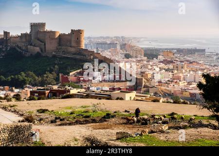 Superbe vue sur l'historique Alcabaza de Almeria ou le château d'Almeria, un complexe fortifié de construction de la citadelle défensive, à Almeria Banque D'Images