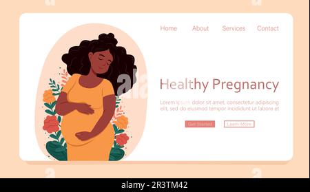 Modèle de page Web concept de grossesse et de maternité. Bannière grossesse en santé. Belle femme enceinte noire épouse son ventre. Illustration vectorielle dans Illustration de Vecteur