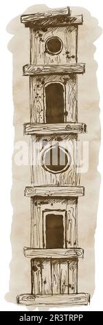Maison d'oiseau, faite en technique graphique. Fond aquarelle, dessin au trait. Style vintage. Banque D'Images
