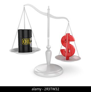 Balance classique avec un baril de pétrole et un signe de dollar Banque D'Images