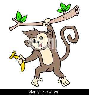 Émoticone tête de singe tenant une banane accrochée à un tronc d'arbre, Doodle icône image kawaii Banque D'Images