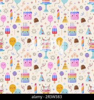 Adorable gâteau kawaii Sweets and Balloons Pattern Illustration de Vecteur