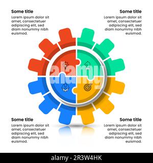 Modèle d'infographie et 4 options ou étapes. Engrenage avec pièces de puzzle. Peut être utilisé pour la mise en page de flux de travail, le diagramme, la bannière, la conception Web. Illustration vectorielle Illustration de Vecteur