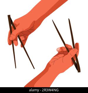Mains utilisant des baguettes de bambou sur fond blanc. Concept créatif pour les affiches de menu de nourriture, la publicité, la conception de Web. Illustration vectorielle. Illustration de Vecteur