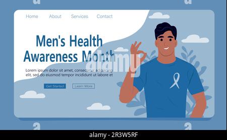 Mois de sensibilisation à la santé des hommes. Ruban de sensibilisation au cancer de la prostate avec. Journée mondiale du cancer de la prostate. Un homme et un symbole de la santé des hommes. Modèle de page Web. Illustration de Vecteur