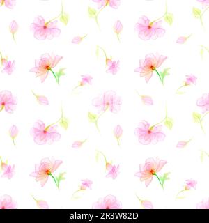 Motif aquarelle de fleurs violettes demi-transparentes et feuilles vertes sur fond blanc. Belle photo pour illustration, autocollants, cartes Banque D'Images