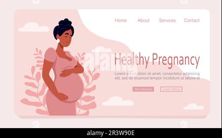 Modèle de page Web concept de grossesse et de maternité. Bannière grossesse en santé. Belle femme enceinte noire épouse son ventre. Illustration vectorielle dans Illustration de Vecteur