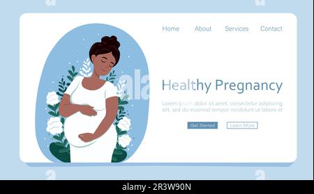 Modèle de page Web concept de grossesse et de maternité. Bannière grossesse en santé. Belle femme enceinte noire épouse son ventre. Illustration vectorielle dans Illustration de Vecteur