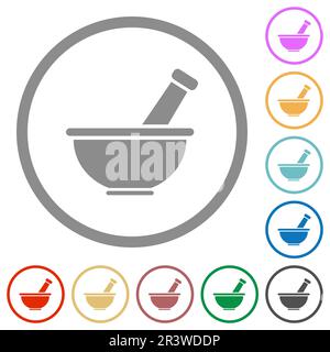 Des icônes de couleur unie plate de mortier et de pilon dans des contours ronds sur fond blanc Illustration de Vecteur