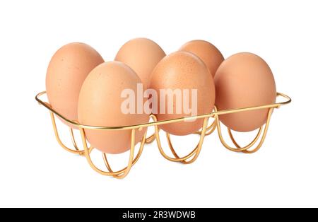 Plateau à œufs en métal doré sur fond blanc Banque D'Images