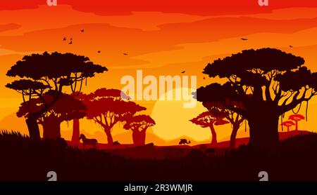 Paysage de savane africaine au coucher du soleil, silhouettes d'arbres, soleil, animaux de safari et oiseaux. Fond vectoriel avec nature sauvage de l'Afrique, scène de soirée avec ciel orange, coucher de soleil et acacias Illustration de Vecteur