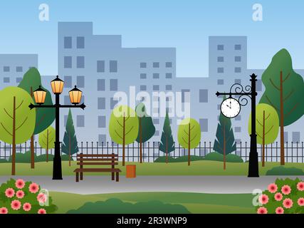 Illustration du paysage du parc de la ville. Lanternes et horloges, banc, immeubles urbains de grande hauteur, arbres verts. Illustration de Vecteur