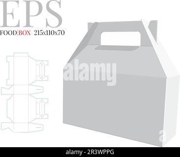 Boîte à lunch avec gabarit de poignée, Vector avec découpe, couches découpées au laser. Livraison de la boîte alimentaire. Maquette de boîte en carton blanche, vierge, transparente et isolée sur le merlan Illustration de Vecteur