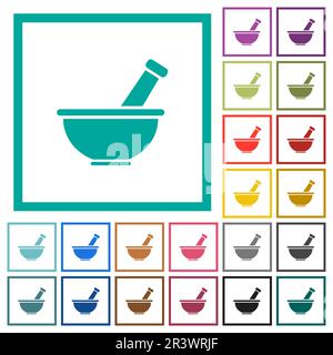 Des icônes de couleur unie plate de mortier et de pilon avec des cadres quadrants sur fond blanc Illustration de Vecteur