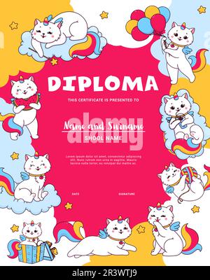 Diplôme pour enfants. Personnages de caticorne de dessins animés. Récompense ou diplôme de vecteur d'appréciation pour les enfants avec jeu joyeux avec le caticorne de boule de fil, dormir sur le nuage, manger le melon d'eau licorne chat personnage Illustration de Vecteur