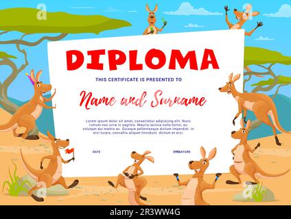 Diplôme pour enfants. Personnages kangourous animés heureux. Diplôme d'études, récompense de vecteur de réalisation pour enfants ou certificat d'appréciation avec kangourou souriant heureux, animaux australiens Illustration de Vecteur