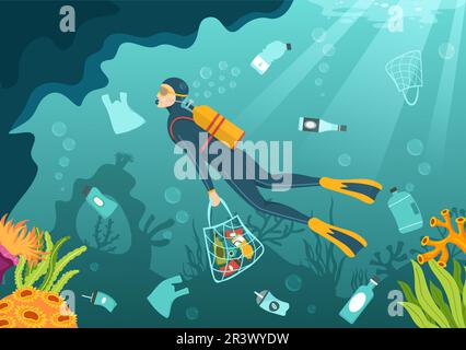 Illustration du vecteur de pollution de plastique d'arrêt d'océan avec les déchets sous la mer comme un sac de déchets, les ordures et la bouteille dans un dessin à la main de dessin animé à plat de dessin animé Illustration de Vecteur