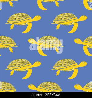 Motif sans couture de l'icône de la tortue de l'océan jaune isolé sur fond bleu. Motif de mer simple texture d'animal. Banque D'Images