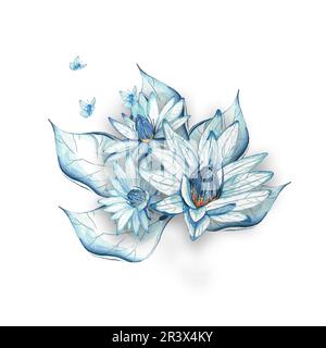 un ensemble d'illustrations aquarelles. papillons bleus, fleurs de lotus, feuilles, mains. pour le design et les cartes postales Banque D'Images