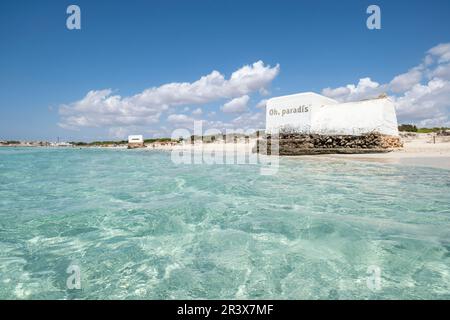Sa Rapita-ses Covetes Beach, nid de mitrailleuse, Majorque, Iles Baléares, Espagne. Banque D'Images