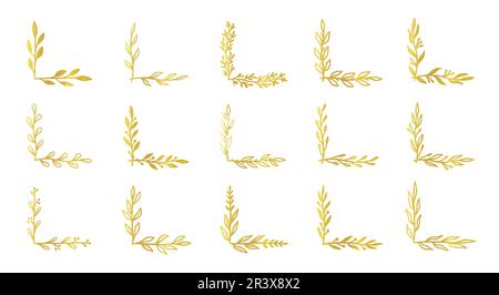 Ensemble de cadres à fleurs et bordure d'angle dorée. Dessin rustique à la main boarder d'angle doré pour cadre floral élément de conception, motif fantaisie de fleur. Illustration vectorielle Illustration de Vecteur