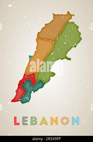 Carte du Liban. Affiche pays avec régions de couleur. Ancienne texture de grunge. Illustration vectorielle du Liban avec nom de pays. Illustration de Vecteur