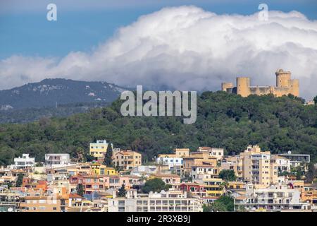 Castillo de Bellver sobre el barrio del Terreno, Majorque, Iles Baléares, Espagne. Banque D'Images