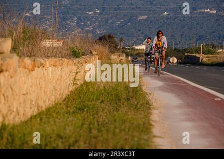 Cyclistes sur la route principale, Formentera, Iles Pitiusa, Communauté des Baléares, Espagne. Banque D'Images