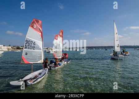 Estany des Peix, Ecole de voile, Formentera, Iles Pitiuses, Communauté des Baléares, Espagne. Banque D'Images