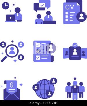 Conception de feuilles d'icônes de recrutement et d'employés. Ensemble d'icônes de style biotone des ressources humaines des RH Illustration de Vecteur